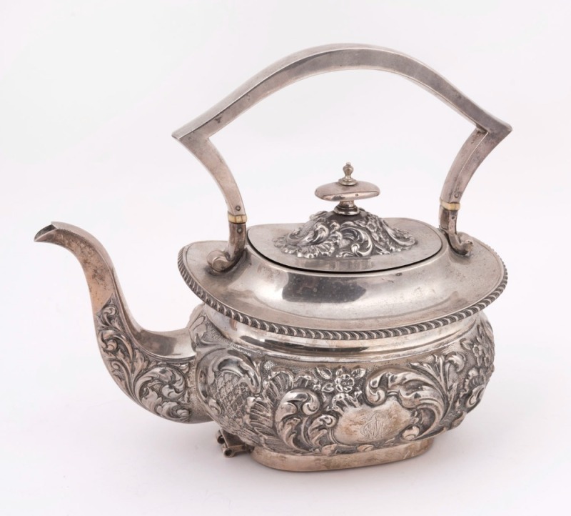 An antique English sterling silver spirit kettle teapot (no stand), by Walker & Hall of Sheffield, circa 1877, 23cm high, 25cm wide, 906 grams