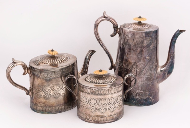 An antique English three piece silver plated tea service, 19th century, ​​​​​​​the largest 25cm high