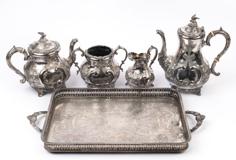 An antique English silver plated tea service together with a silver plated tray, 19th and 20th century, (5 items), the tray 51cm across the handles