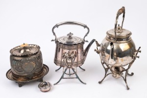Two antique silver plated spirit kettles and an antique silver plated biscuit barrel, 19th and early 20th century, the largest 35cm high