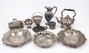 Silver plated serving dishes, spirit teapot (no stand), water pot, bon bon basket, chamber stick, jewellery casket, and tea caddy, 19th and 20th century, the water pot 25cm high