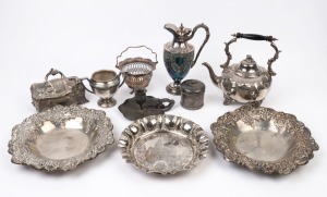 Silver plated serving dishes, spirit teapot (no stand), water pot, bon bon basket, chamber stick, jewellery casket, and tea caddy, 19th and 20th century, ​​​​​​​the water pot 25cm high