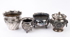 An antique silver plated lidded pot with lion mask handles, together with three antique silver plated jardinieres, 19th century, the largest 18cm high