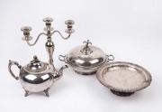 A silver plated tureen, teapot, candelabra and tazza, 19th and 20th century, (4 items), the candelabra 32cm high