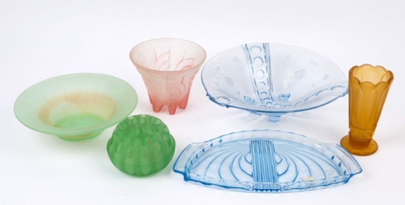 Art Deco frosted amber glass vase, pink glass vase, green glass flower bowl with aid, blue glass tray and fruit bowl, circa 1930s, (5 items), ​​​​​​​the amber vase 16cm high