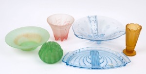 Art Deco frosted amber glass vase, pink glass vase, green glass flower bowl with aid, blue glass tray and fruit bowl, circa 1930s, (5 items), the amber vase 16cm high