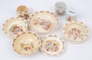 NURSERY WARE porcelain including Royal Doulton Bunnykins, and Wedgwood Peter Rabbit, (8 items), the largest 19cm diameter