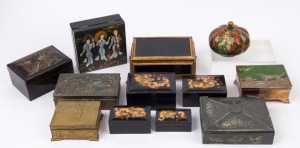Twelve assorted jewellery boxes including a nest of five Chinese dragon examples, 20th century, the largest 18cm wide