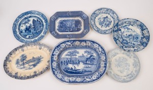 Seven assorted antique English blue and white porcelain plates and dishes, 19th century, the largest 35cm wide