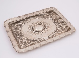 A sterling silver tray with repoussé decoration by Brookes & Crookes of Birmingham, circa 1893, 28cm wide, 264 grams
