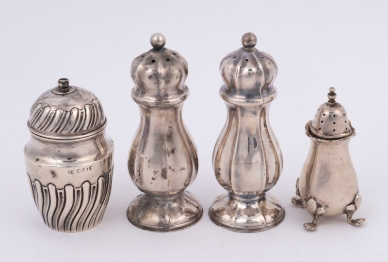 A pair of Continental silver salt a pepper pots, a sterling silver pepper pot and a sterling silver lidded pot, 19th and 20th century, (4 items), the tallest 10cm high, 152 grams total