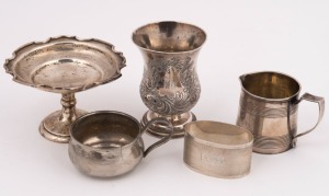 A sterling silver napkin ring, cream jug, condiment pot, beaker and bon bon dish, 19th and 20th century, the beaker 9cm high, 270 grams total