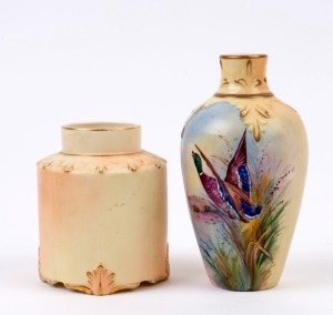 LOCKE & Co. WORCESTER, two English porcelain vases, one hand-painted and signed by WALTER STINTON, late 19th century, green and black factory marks to the bases, 16cm and 11cm high