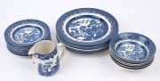 WILLOW pattern plates, bowls and jug by Burleigh Ware and Churchill, 20th century, (24 items), ​​​​​​​the dinner plates 24cm diameter