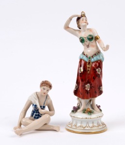 A Continental vintage porcelain statue of a dancing lady and a seated bather, early to mid 20th century, 21cm and 9cm high