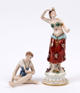 A Continental vintage porcelain statue of a dancing lady and a seated bather, early to mid 20th century, ​​​​​​​21cm and 9cm high