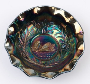 A cobalt carnival glass swan bowl, circa 1930, 3.5cm high, 13.5cm wide