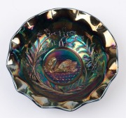 A cobalt carnival glass swan bowl, circa 1930, ​​​​​​​3.5cm high, 13.5cm wide