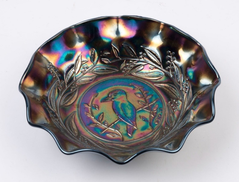 A cobalt carnival glass kingfisher bowl, circa 1930, 6.5cm high, 24.5cm wide