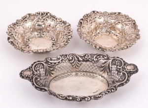 Three sterling silver pierced bon bon dishes, the largest 20cm wide, 208 grams total