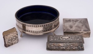 Sterling silver butter dish with blue glass liner, cigarette box, prayer book and a trinket box, 19th and 20th century, (4 items), the butter dish 15cm wide