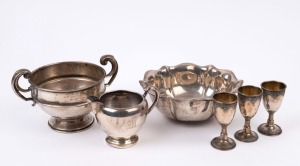 Sterling silver bowl, jug, urn and three miniature goblets, early 20th century, (6 items), the bowl17cm wide, 402 grams total