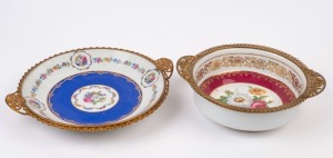 Two vintage French porcelain serving dishes with gilt metal mounts, 20th century, the larger 35cm across the handles