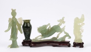 A Chinese spinach jade vase on stand, together with three carved Chinese jade statues, (4 items), 20th century, the largest 19cm high
