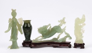 A Chinese spinach jade vase on stand, together with three carved Chinese jade statues, (4 items), 20th century, ​​​​​​​the largest 19cm high