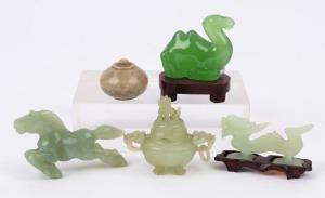 Three Chinese carved jade animals, a miniature censer and pot (5 items), 20th century, the horse 10cm long