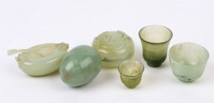 A Chinese jade egg, dragon box, condiment and spoon together with three jade cups (7 items), 19th and 20th century  the egg 6cm high