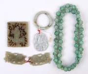 Chinese carved jade child's bangle (damaged), bead necklace and four ornaments (6 items), 20th century