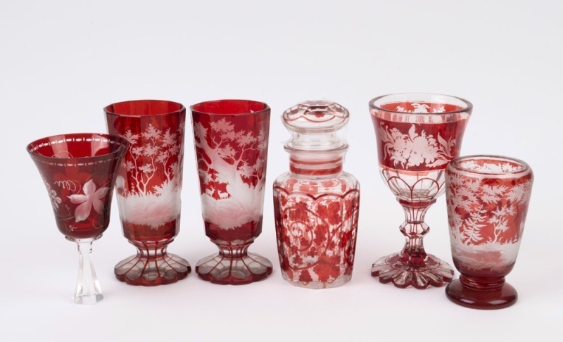 Antique and vintage ruby overlay glass beakers, goblets, bell and jar (6 items), 19th and 20th century, the largest 17cm high