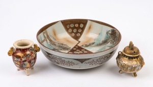 A Japanese hand-painted porcelain bowl together with two Satsuma vases, Meiji Period 19h and 20th century, A/F (3 items), the bowl 31cm diameter