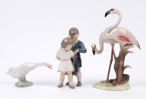 A Danish porcelain figural group, an Austrian porcelain flamingo group and a Lladro porcelain goose, (3 items), the largest 22cm high