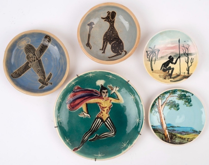 Five assorted Australian pottery bowls and dishes with hand-painted and sgraffito decoration,  two signed "Guy Boyd", the largest 18cm diameter