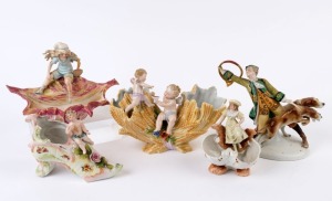 Five antique porcelain and bisque figural ornaments, 19th century, A/F the largest 17cm high