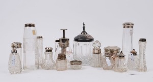 Collection of assorted crystal and glass condiments, vanity jars, atomiser etc. with sterling and silver plated mounts, 19th and 20th century, A/F (15 items), the largest 17cm high