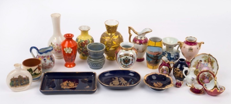 Assorted miniature ornaments including LIMOGES, DELFT, CROWN DERBY, 19th and 20th century, A/F (26 items), the tallest 12cm high