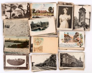 POSTCARDS: Mostly European array of early 20th century cards with few Australian noted including "Campbell Street, Toowoomba", "Brunswick Street, Brisbane", "Post Office, Flinders Street, Townsville", "Above the Rapids, Gorrdon River, "Tasmania"; Great Britain with plenty of school scenes incl. Eton College, Orley Farm School Harrow, Bedford Grammar, Christ Church Grammar, etc; heaps of French cards including 'Noeux-Les-Mines' station showing steam train,