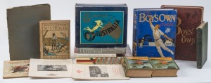 A shelf of books including "The Boy's Own Annual" 1890-91 and 1913-14; "Romance of Empire : Australia" by Lang; "My Arctic Journal" by Peary (1893); "Footprints in the Forest" by E.S. Ellis; "The Australian Homestead" by Cox (1972); "The Gold Mines of Bendigo - Book Two" by Palmer (1979); "Glimpses of Australia" in 2 volumes (1987), and others. (qty.). Mixed condition.