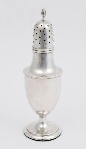 An antique English sterling silver sugar caster, Birmingham, circa 1912, 18cm high, 90 grams