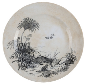 "THE AUSTRALIA BUSH" English porcelain dinner plate decorated with kangaroos in landscape, by William Brownfield & Son, circa 1875, black factory mark with diamond registration, 26cm diameter