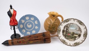 INCONGRUOS GROUP: with Johnson Brothers "The Friendly Village" and Wedgwood "10th Anniversary Christmas" wall plates; also a large ceramic pitcher, Chinese oil-paper parasol and one other item. (5 items).