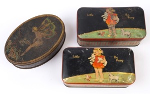 VINTAGE CONFECTIONARY TINS: with Hudson Scott "Little Bo Peep" toffee tins (2) each 20 x 11cm, also a "Flower Fairy" oval tin, length 18.5cm; c.1920s. (3 items),