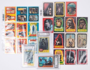 1977 TOPPS - 'STAR WARS': sticker cards (22) including #1 Luke Skywalker, #4 Chewbacca and #7 Darth Vader; also CGA graded collector cards comprising card #183 'Dave Prowse as Darth Vader' (graded 8.5), #196 'Lord Darth Vader' (graded 8), and #313 'Birth 