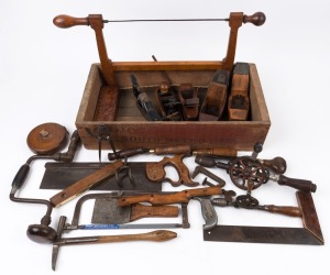 Collection of assorted antique and vintage hand tools in wooden packing crate, 19th and 20th century, ​​​​​​​the crate 56cm wide