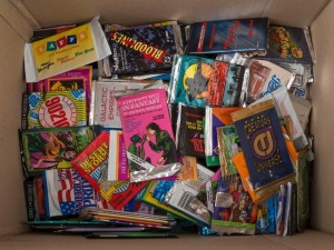 1970s-1990s large hoard of complete sticker/trading card packs including Walt Disney 1979 "The Black Hole", Zoot 1987 "U.S. of Alf" & 1987 Wacko-saurs", Topps 1989 "Ghostbusters II", 1991 "Batman Returns", 1991 "Robin Hood, Prince of Thieves, Pacific 1991