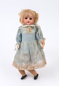 ARMAND MARSEILLE DOLL: bisque head, composite body clothed in original period dress, with shoes, marked 'Made in Germany/390/A3 O.M.' on neck; 36cm high, c.early 1900s.