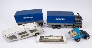 MODEL TRUCKS: Scania '143H 470' plastic truck with trailer & canopy, length 70cm, made in Finland; Scania/Herpa 1:87 scale truck, length 20cm with original box, made in Germany; Tonka pressed metal car transporter (without ramps), perspex windows intact, 